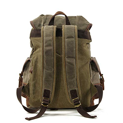 Army Green De Cuero Mochila Vintage de Tela de Lona Mochilas Tipo Casual Mujer Hombres Bolsa Escolar para Estudiantes del Campus y Caminata al Aire Libre Caminando