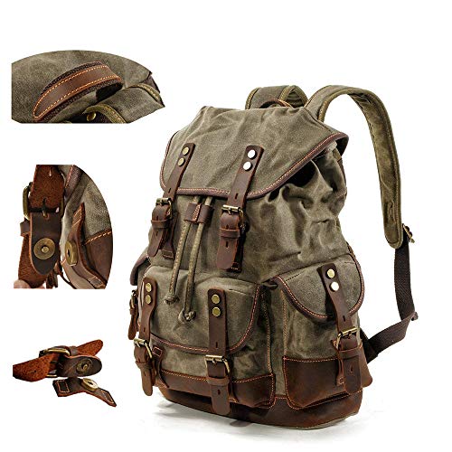 Army Green De Cuero Mochila Vintage de Tela de Lona Mochilas Tipo Casual Mujer Hombres Bolsa Escolar para Estudiantes del Campus y Caminata al Aire Libre Caminando