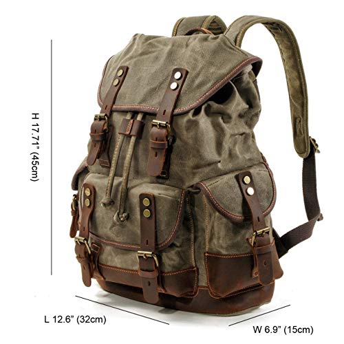 Army Green De Cuero Mochila Vintage de Tela de Lona Mochilas Tipo Casual Mujer Hombres Bolsa Escolar para Estudiantes del Campus y Caminata al Aire Libre Caminando