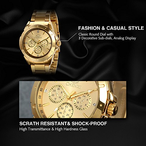 Avaner Reloj Dorado de Esfera Oro de Color, Reloj de Caballero Cuarzo, 3 Subdiales de Decoración, Grande Reloj de Hombre Acero Inoxidable Hip Hop Style, Regalo Navidad (Dorado),Regalos dia del padre