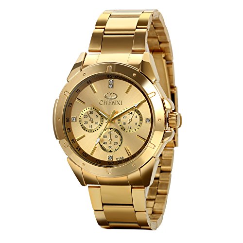 Avaner Reloj Dorado de Esfera Oro de Color, Reloj de Caballero Cuarzo, 3 Subdiales de Decoración, Grande Reloj de Hombre Acero Inoxidable Hip Hop Style, Regalo Navidad (Dorado),Regalos dia del padre