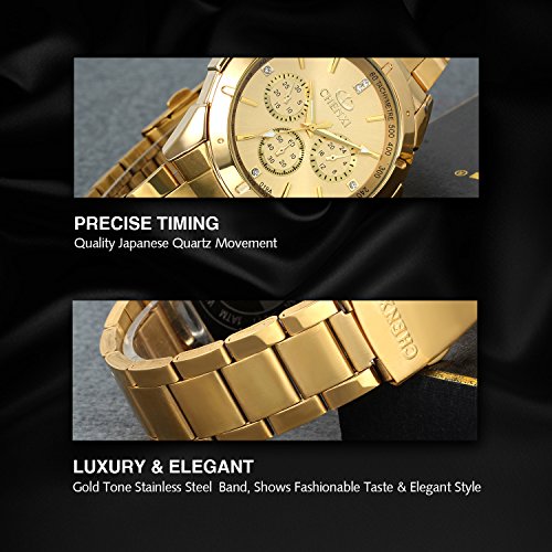 Avaner Reloj Dorado de Esfera Oro de Color, Reloj de Caballero Cuarzo, 3 Subdiales de Decoración, Grande Reloj de Hombre Acero Inoxidable Hip Hop Style, Regalo Navidad (Dorado),Regalos dia del padre