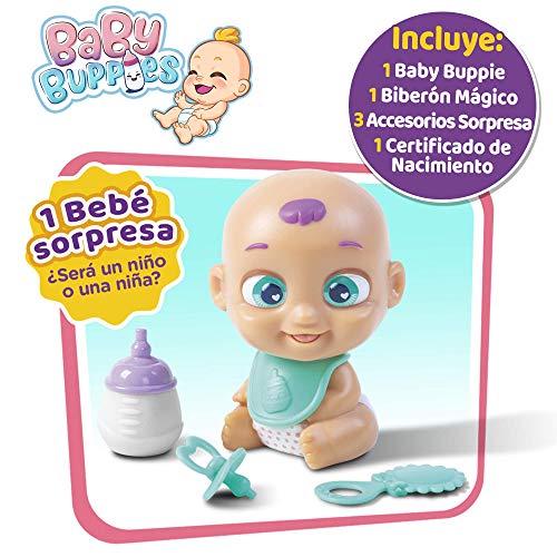 Baby Buppies Biberón Cuna mágico Sorpresa con complementos bebé muñeco, biberón, sonajero, chupete, babero, guía de cuidados y certificado de nacimiento juguetes niños 3 años