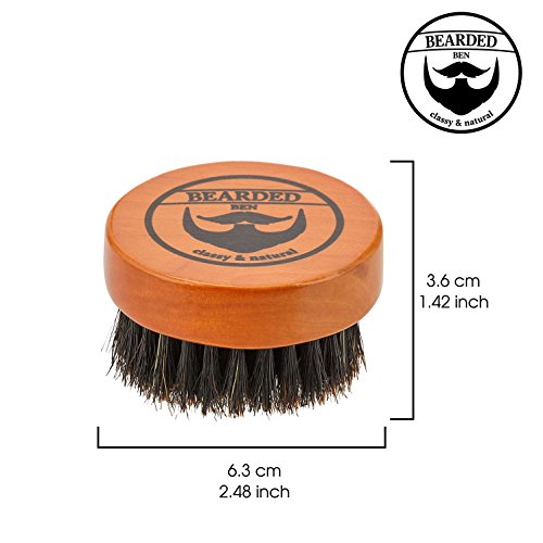 BEARDED BEN Cepillo de la barba con cerdas de jabalí y caja de almacenamiento de alta calidad para el cuidado profesional de la barba, Teca Brown, diámetro: 6.3 cm