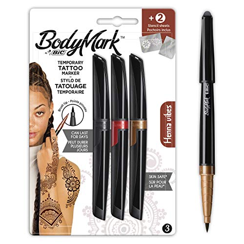 BodyMark by BIC - Marcadores y Plantillas para Tatuajes Temporales, Kit Henna Vibes, Pack de 3+2, Multicolor