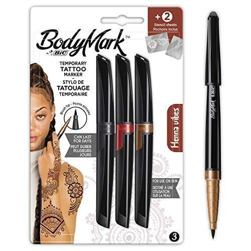 BodyMark by BIC - Marcadores y Plantillas para Tatuajes Temporales, Kit Henna Vibes, Pack de 3+2, Multicolor