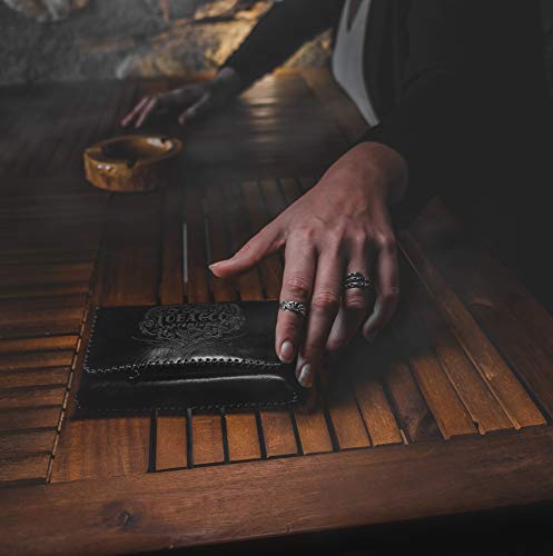 Bolsa de Tabaco Bleeps de Auténtica Piel Curtida al Vegetal, Made in Italy, Tabaquera de Liar Papel y Filtros y Mechero, Cosido a Mano, Vintage, Estuche de Tabaco de Piel Capacidad 30 y 40 g Negro