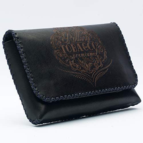 Bolsa de Tabaco Bleeps de Auténtica Piel Curtida al Vegetal, Made in Italy, Tabaquera de Liar Papel y Filtros y Mechero, Cosido a Mano, Vintage, Estuche de Tabaco de Piel Capacidad 30 y 40 g Negro