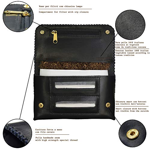 Bolsa de Tabaco Bleeps de Auténtica Piel Curtida al Vegetal, Made in Italy, Tabaquera de Liar Papel y Filtros y Mechero, Cosido a Mano, Vintage, Estuche de Tabaco de Piel Capacidad 30 y 40 g Negro