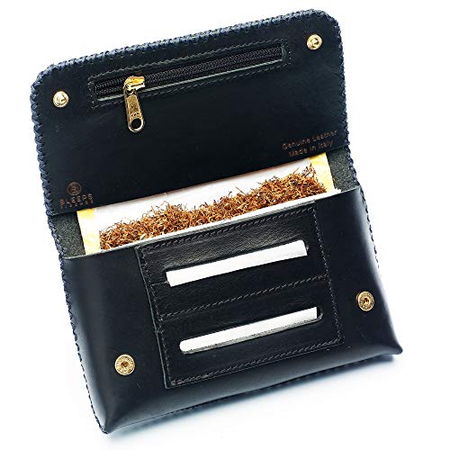 Bolsa de Tabaco Bleeps de Auténtica Piel Curtida al Vegetal, Made in Italy, Tabaquera de Liar Papel y Filtros y Mechero, Cosido a Mano, Vintage, Estuche de Tabaco de Piel Capacidad 30 y 40 g Negro
