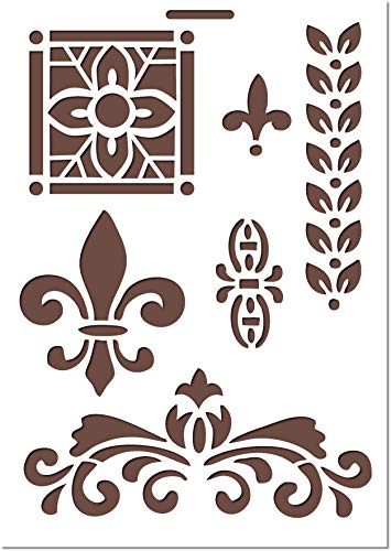 Boutique d'isacrea - Plantilla de plástico Mylar color beige 21 x 29,7 cm con motivos de flor de lis