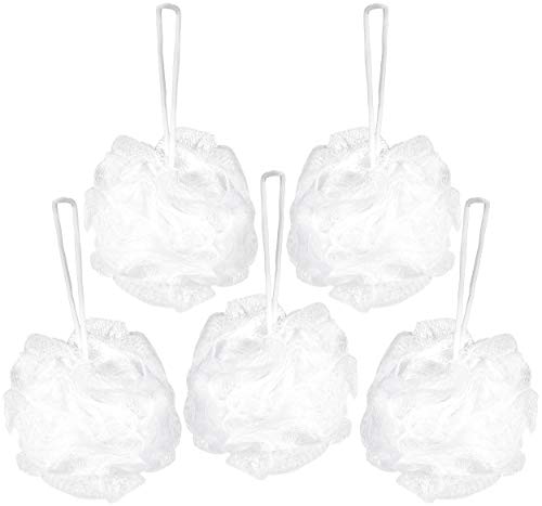 BRUBAKER Cosmetics Esponjas de Flor Exfoliante - Malla de Nylon para el Cuerpo - Puff Pufs Bola de Baño y ducha - 5 piezas - Blanco