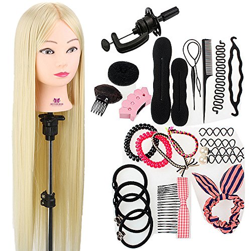 Cabeza de Maniquí Neverland 80 cm 100% Cabello Sintético Practicas Formación Muñeca de la Cosmetología práctica maniquí muñeca para Peluquería con Soporte + Accesorios de Peinado DIY