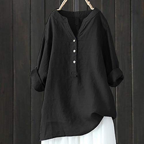 Camisetas Mujer Tallas Grandes Heavy SHOBDW Camisa De Manga Larga con Cuello Alto Blusa Casual Botones con Botones Túnica Suelta Camiseta Solid para Mujer(Negro,L)