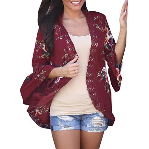 Cardigans Mujer Flores 2019 Nuevo SHOBDW Pareos Casual Cardigans Mujer Kimono Manga 3/4 Tops Blusa Camisa de Protección Solar Verano Cover Up Playa Mujer(Rojo,L)