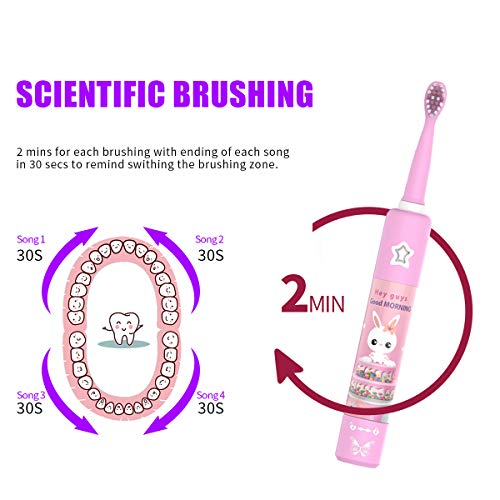 Cepillo de dientes eléctrico musical para niños, cepillo de dientes inteligente recargable de dibujos animados para niños de 3 a 12 años con temporizador de 2 minutos, 3 modos, 4 cabezales de cepillo