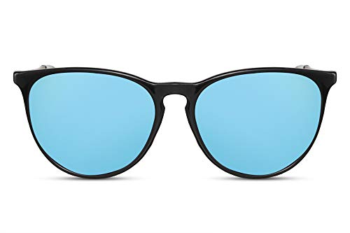 Cheapass Gafas de Sol Negro Brillante Montura Azul Espejadas Redondas Cristales Vintage Protección UV400 Mujeres Hombres