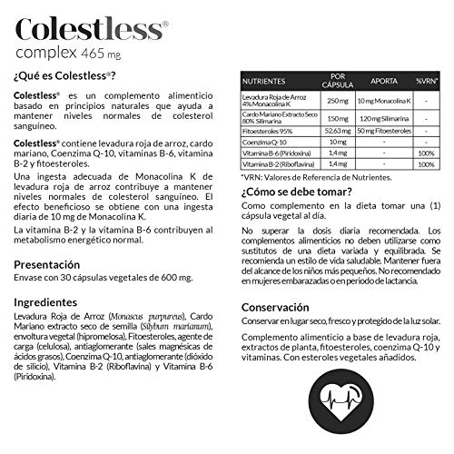 Colestless® complex con levadura roja de arroz, cardo mariano, Q-10, fitoesteroles, vitaminas B-2 y B-6 – 30 Cápsulas vegetales.