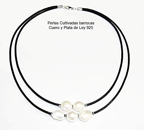 Collar de Perlas Cultivadas barrocas. Cuero Natural y Plata de Ley. Envoltorio de Regalo