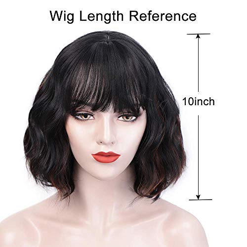 ColorfulPanda Pelucas de pelo corto rizado negro marrón mujer, elegante pelo natural Bob ondulado Peluca con flequillo, Dama Longitud del hombro, para Halloween Cosplay Fiesta (12 pulgadas)