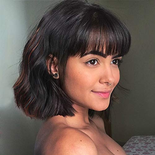 ColorfulPanda Pelucas de pelo corto rizado negro marrón mujer, elegante pelo natural Bob ondulado Peluca con flequillo, Dama Longitud del hombro, para Halloween Cosplay Fiesta (12 pulgadas)
