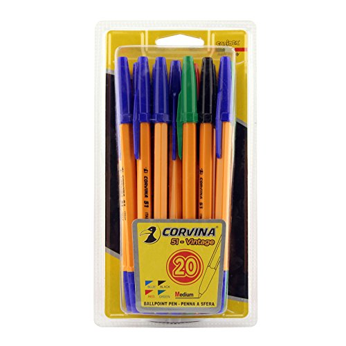 Corvina Vintage - Blister 20 boligrafos, color negro, azul, rojo, verde