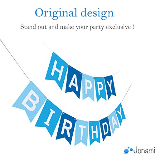Decoraciones Cumpleaños Niño – 1 Bandera Banderines Feliz Cumpleaños “Happy Birthday” + 8 Pompon Bola de Flor + 2 Guirnaldas Estrellas de 3 Metros + 12 Globos Azul Blanco Turquesa