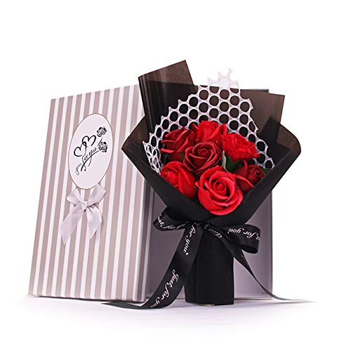 DERCLIVE Jabón Perfumado Flor Color de Rosa 7 Rosas Ramo de Flores Artificiales Regalo para Cumpleaños Día de San Valentín Día de La Madre Realista Como Rosas Recién Cortadas Del Jardín
