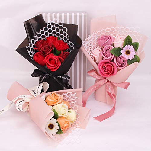 DERCLIVE Jabón Perfumado Flor Color de Rosa 7 Rosas Ramo de Flores Artificiales Regalo para Cumpleaños Día de San Valentín Día de La Madre Realista Como Rosas Recién Cortadas Del Jardín