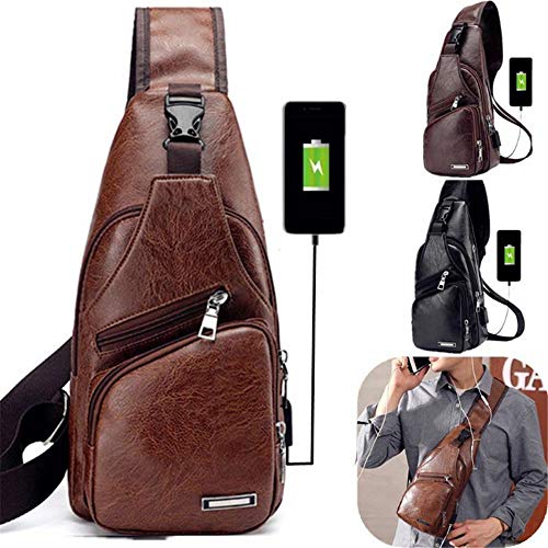 DIYARTS Bolso Cuero Sling Vintage PU Impermeable Pecho Bolsa Hombres Casual Multipropósito Paquete Crossbody Con Puerto Carga USB Para Ciclismo Senderismo Negocios Aire Libre (Dark brown)
