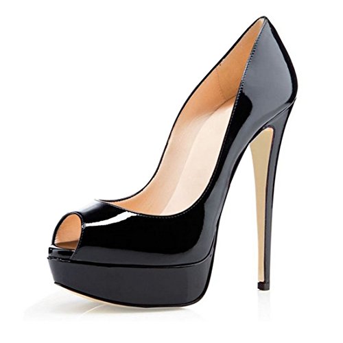 ELASHE - Zapatos para Mujer - Tacón de Aguja -15CM Peep Toe - 3CM Plataforma Tacones Mujer Fiestas Oficina Negro EU41