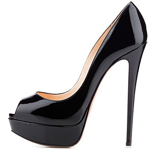 ELASHE - Zapatos para Mujer - Tacón de Aguja -15CM Peep Toe - 3CM Plataforma Tacones Mujer Fiestas Oficina Negro EU41