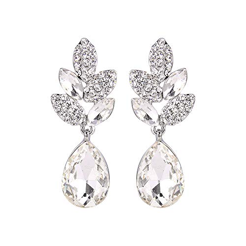 EVER FAITH® - Plata-Tono Hoja Lágrima Cristal Austriaco Pendientes Perforados Claro N03198-3