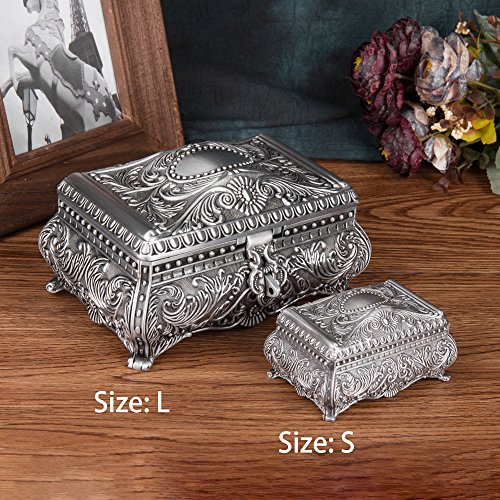 Feyarl – Joyero rectangular metálico de 17 cm con grabado floral antiguo y divisores en el interior