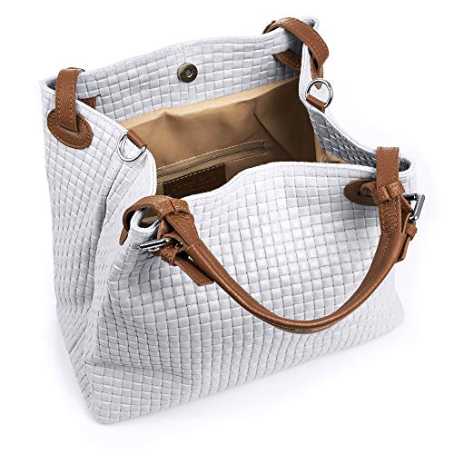 Firenze ARTEGIANI.Bolso de Mujer Piel auténtica.Bolso Tote Cuero Genuino Grabado Serpiente.Asa Hombro y Correa Bandolera. Made IN Italy. Vera Pelle Italiana. 33x29x17 cm. Color: Blanco