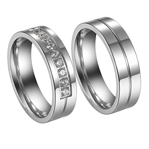 Flongo 2 Anillos Pareja, Anillos de Compromiso, Alianzas para Novios Enamorados, Anillos de eternidad Plateados de Acero Inoxidable, Regalo para Día de los Enamorados/Navidad