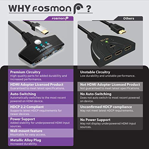 Fosmon 3-Puerto Conmutador HDMI 4K 30Hz, 3x1 Switch HDMI Automático Selector Switcher UHD HDR 3D Full HD 1080p 60Hz HDCP, 3 entradas 1 Salida Divisor HDMI Splitter Para HDTV PS4 Xbox Roku Apple TV PC