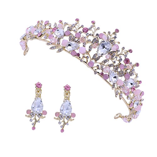 Frcolor Tiara de la boda y corona flor de diamantes de imitación Princesa de la novia corona con pendientes