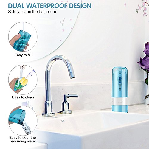GEEDIAR Irrigador Bucal, Irrigador Dental Portátil USB Recargable Eléctrico Inalámbrico IPX7 Impermeable 150ml Irrigador Oral con 5 Boquillas y Nariz, Aprobado por la FDA, Azul / Blanco