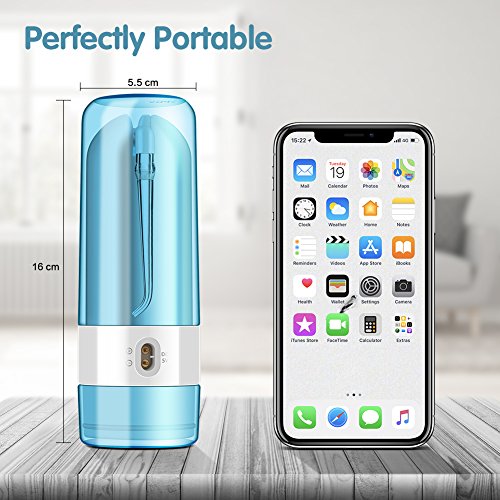 GEEDIAR Irrigador Bucal, Irrigador Dental Portátil USB Recargable Eléctrico Inalámbrico IPX7 Impermeable 150ml Irrigador Oral con 5 Boquillas y Nariz, Aprobado por la FDA, Azul / Blanco