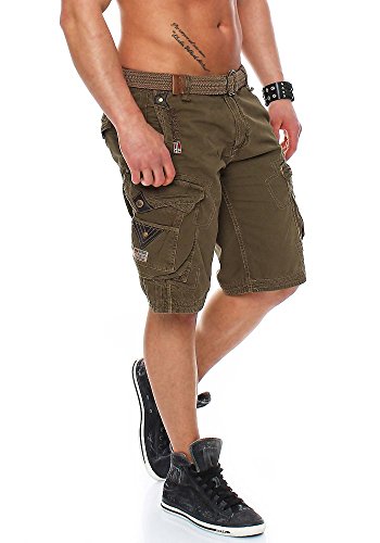 Geographical Norway Pratique Perle - Pantalones cortos cargo para hombre, con cinturón, bordados caqui L