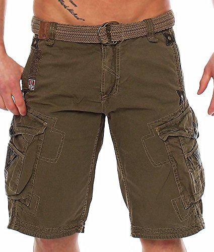Geographical Norway Pratique Perle - Pantalones cortos cargo para hombre, con cinturón, bordados caqui L