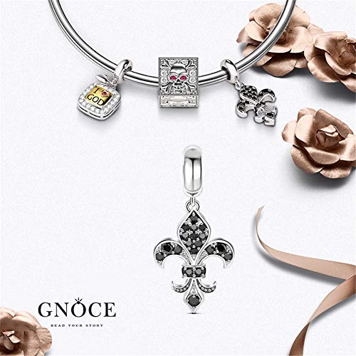 GNOCE Fleur-De-Lis - Pulsera de plata de ley con colgante de lirio "Pure Love" con circonitas cúbicas negras, para pulsera/collar