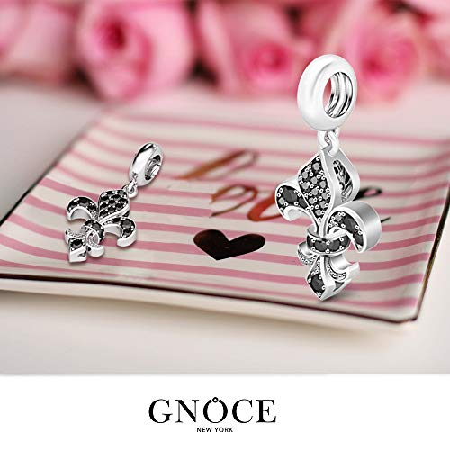 GNOCE Fleur-De-Lis - Pulsera de plata de ley con colgante de lirio "Pure Love" con circonitas cúbicas negras, para pulsera/collar