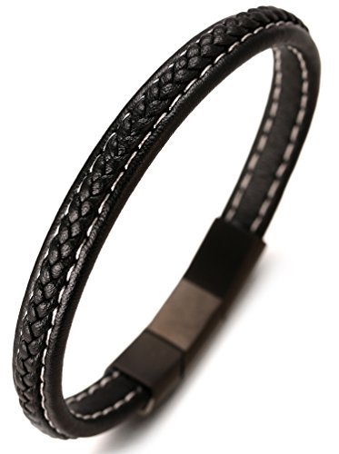 Halukakah ● Jazz ● Pulsera Hombre Cuero Genuina Negro Hecho a Mano Patrón en V Cierre Magnético Titanio Acero Inoxidable Negro 8.46"(21.5cm) con CajaDeRegaloGRATIS
