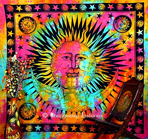 Handicrunch Indian Psychedelic Celestial Sun Moon Stars Tie Dye Tapestry, Good Morning Tapestry, Celestial Tapestry, Beach Throw, Bohemian Tapestries, Hippie Hippy Style, Gypsy Boho Wall Decor, Dorm Tapestry, Table Cloth, Picnic Blanket, 86x94 Inch.