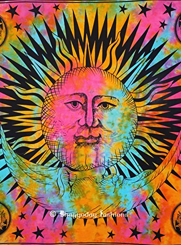 Handicrunch Indian Psychedelic Celestial Sun Moon Stars Tie Dye Tapestry, Good Morning Tapestry, Celestial Tapestry, Beach Throw, Bohemian Tapestries, Hippie Hippy Style, Gypsy Boho Wall Decor, Dorm Tapestry, Table Cloth, Picnic Blanket, 86x94 Inch.