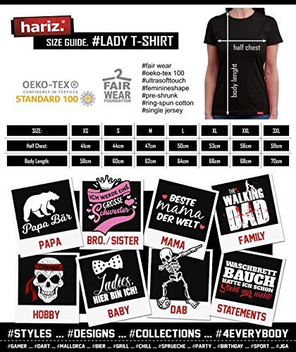 Hariz – Camiseta de manga corta para mujer, cuello redondo, texto en alemán, color blanco y negro, tarjeta de regalo azul real XL