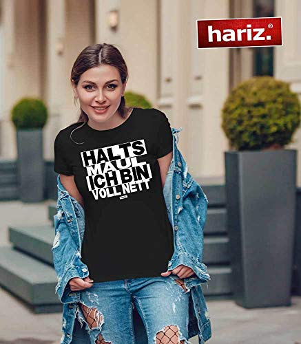 Hariz – Camiseta de manga corta para mujer, cuello redondo, texto en alemán, color blanco y negro, tarjeta de regalo azul real XL