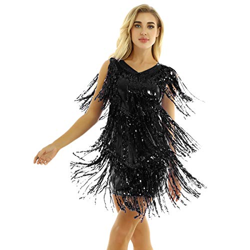 inhzoy Vestido de Baile Latino Lentejuelas para Mujer Vestido de Rumba Tango Salsa Samba Flecos Traje de Baile de Salón Disfraz de Fiesta Dancewear Negro Medium